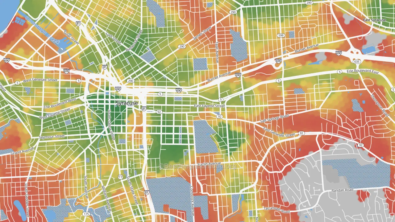 Walk Grade map of Near Eastside, Syracuse, NY, walkable areas in green and car-dependent areas in red