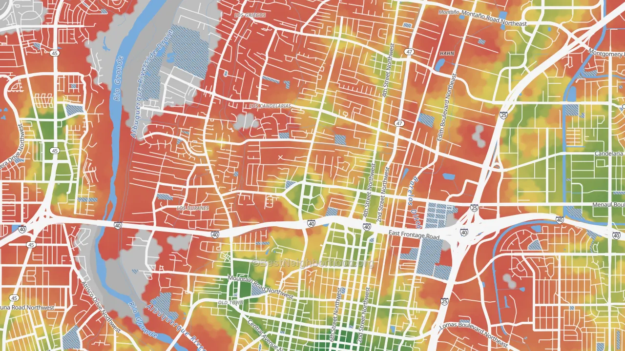 Walk Grade map of Near N Valley, Albuquerque, NM, walkable areas in green and car-dependent areas in red