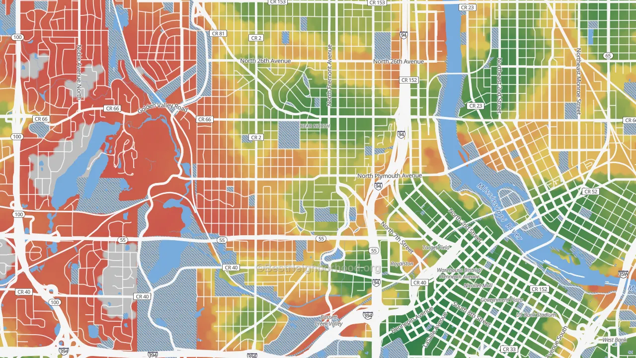 Walk Grade map of Near North, Minneapolis, MN, walkable areas in green and car-dependent areas in red