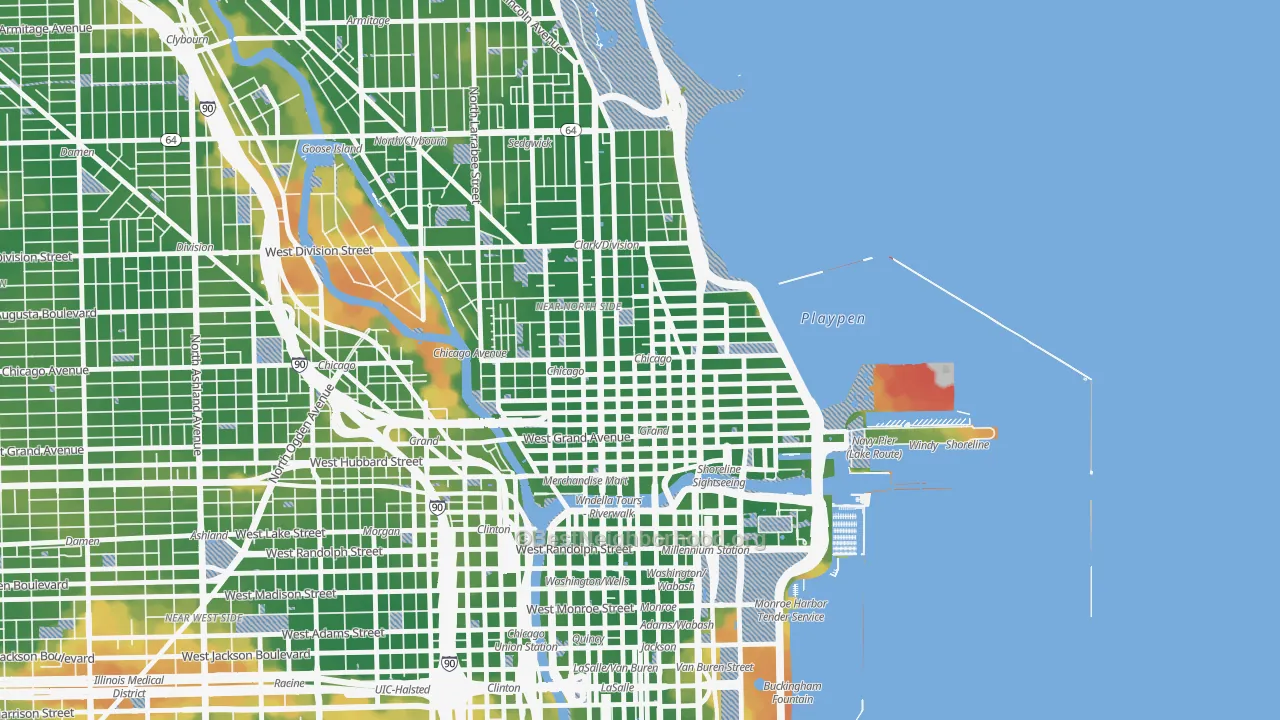 Walk Grade map of Near North Side, Chicago, IL, walkable areas in green and car-dependent areas in red