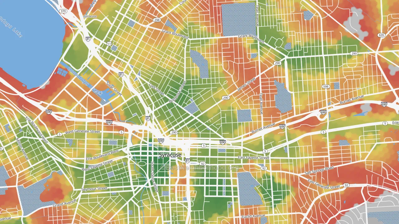 Walk Grade map of Near Northeast, Syracuse, NY, walkable areas in green and car-dependent areas in red