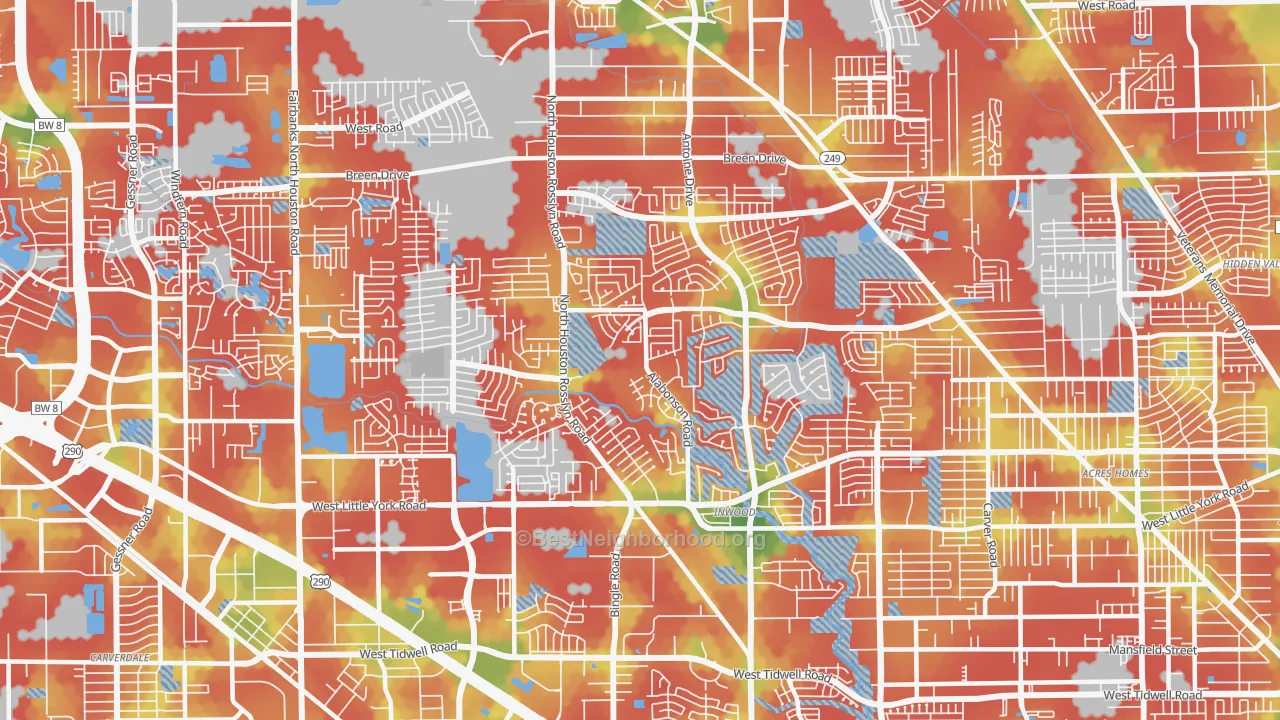 Walk Grade map of Near Northwest, Houston, TX, walkable areas in green and car-dependent areas in red