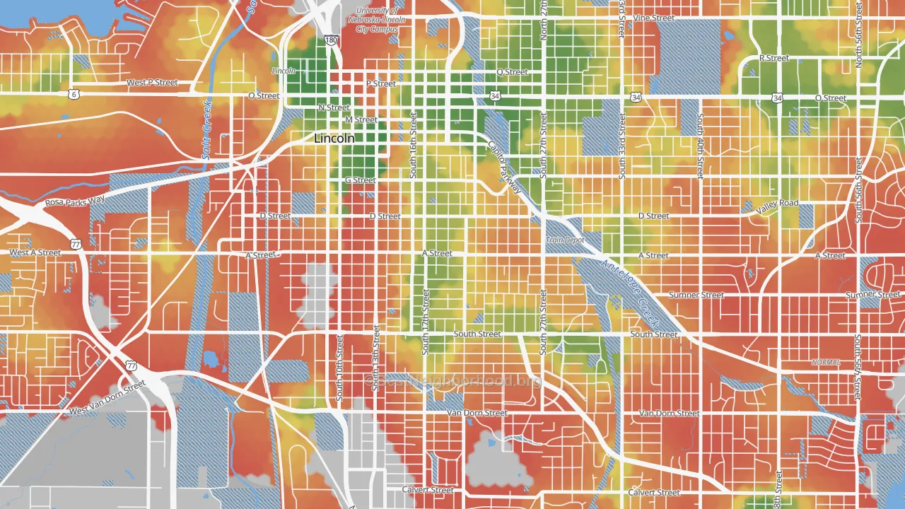Walk Grade map of Near South, Lincoln, NE, walkable areas in green and car-dependent areas in red