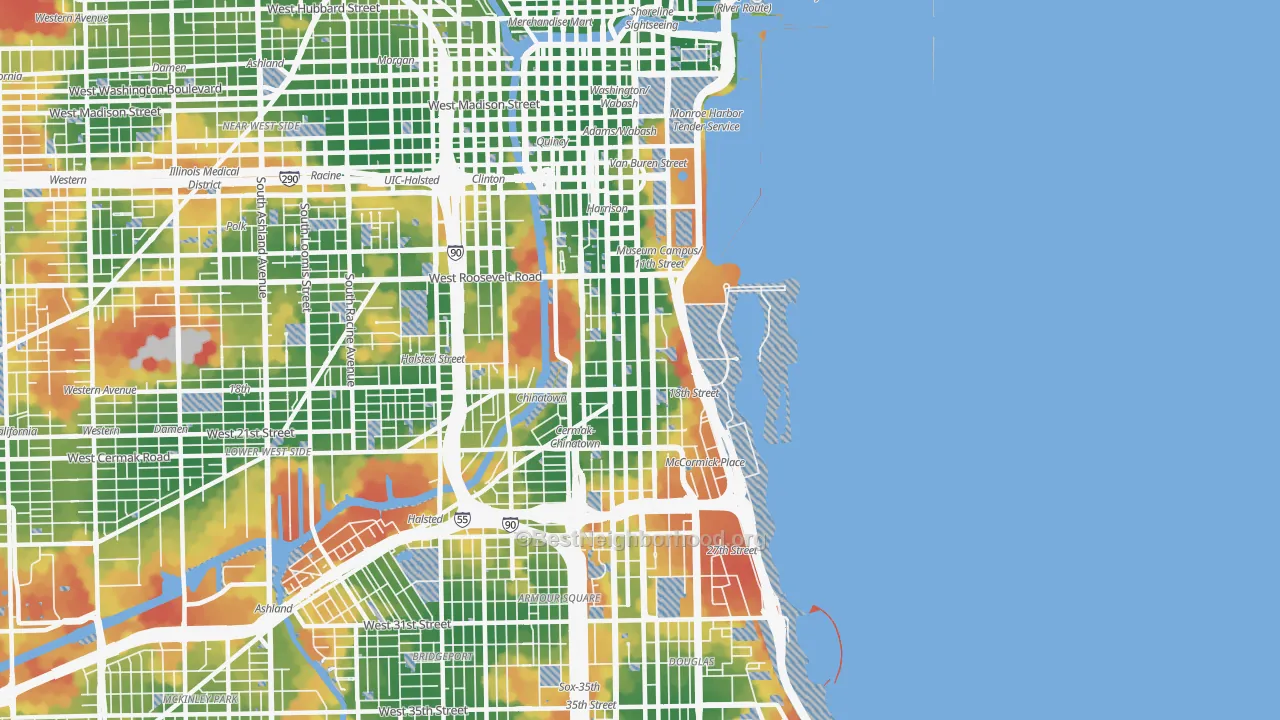 Walk Grade map of Near South Side, Chicago, IL, walkable areas in green and car-dependent areas in red