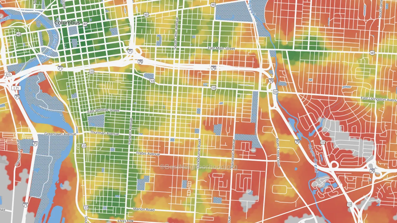 Walk Grade map of Near Southside, Columbus, OH, walkable areas in green and car-dependent areas in red