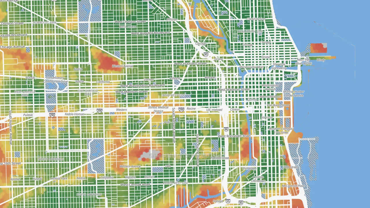 Walk Grade map of Near West Side, Chicago, IL, walkable areas in green and car-dependent areas in red