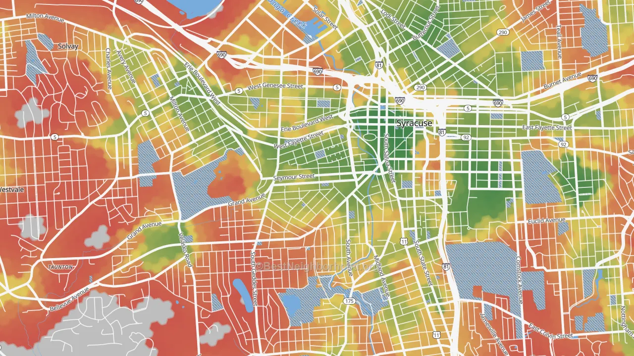 Walk Grade map of Near Westside, Syracuse, NY, walkable areas in green and car-dependent areas in red