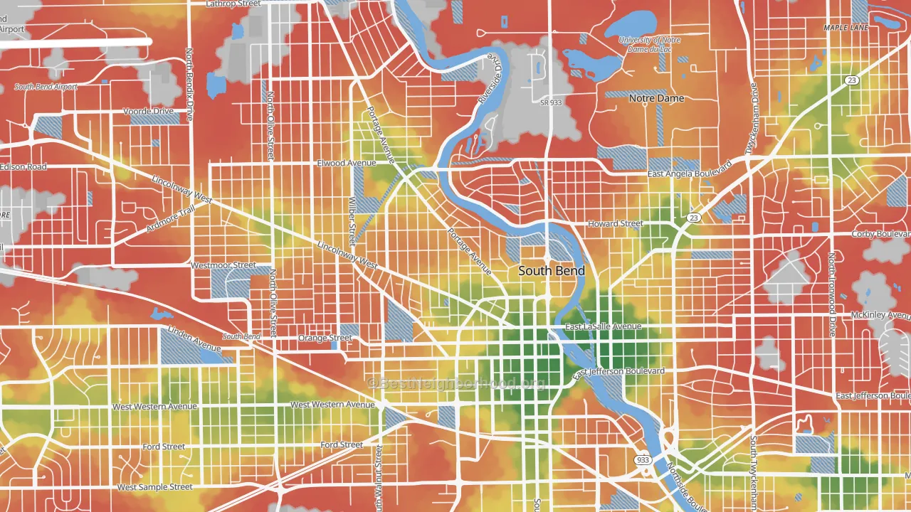 Walk Grade map of Nearnorthwest, South Bend, IN, walkable areas in green and car-dependent areas in red