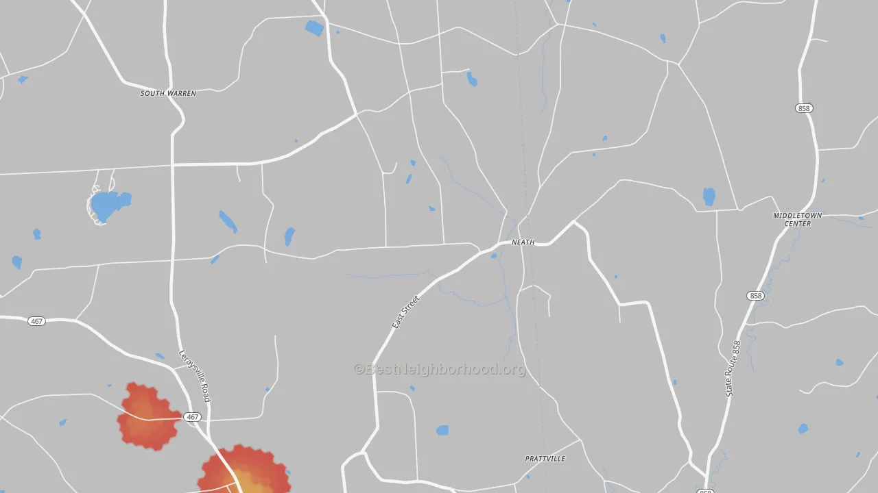 Walk Grade map of Neath, PA, walkable areas in green and car-dependent areas in red