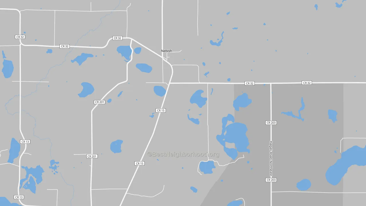 Walk Grade map of Nebish, MN, walkable areas in green and car-dependent areas in red