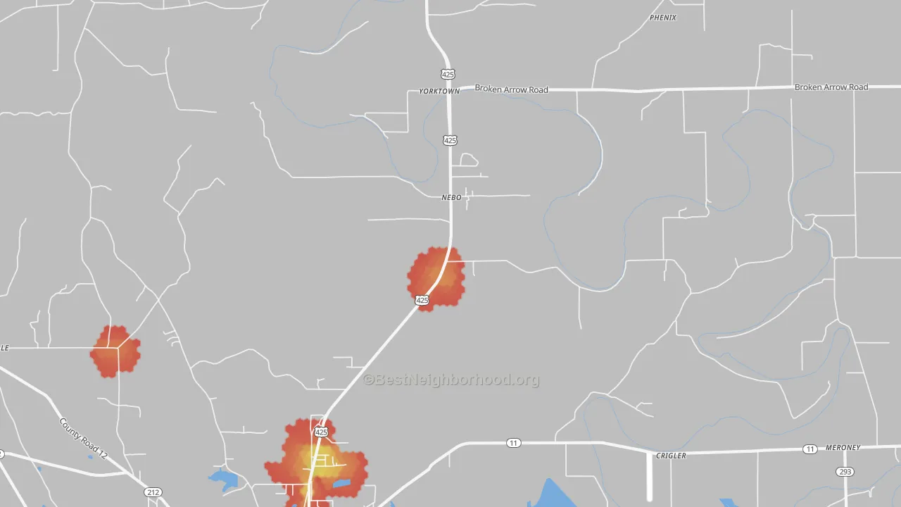 Walk Grade map of Nebo, AR, walkable areas in green and car-dependent areas in red