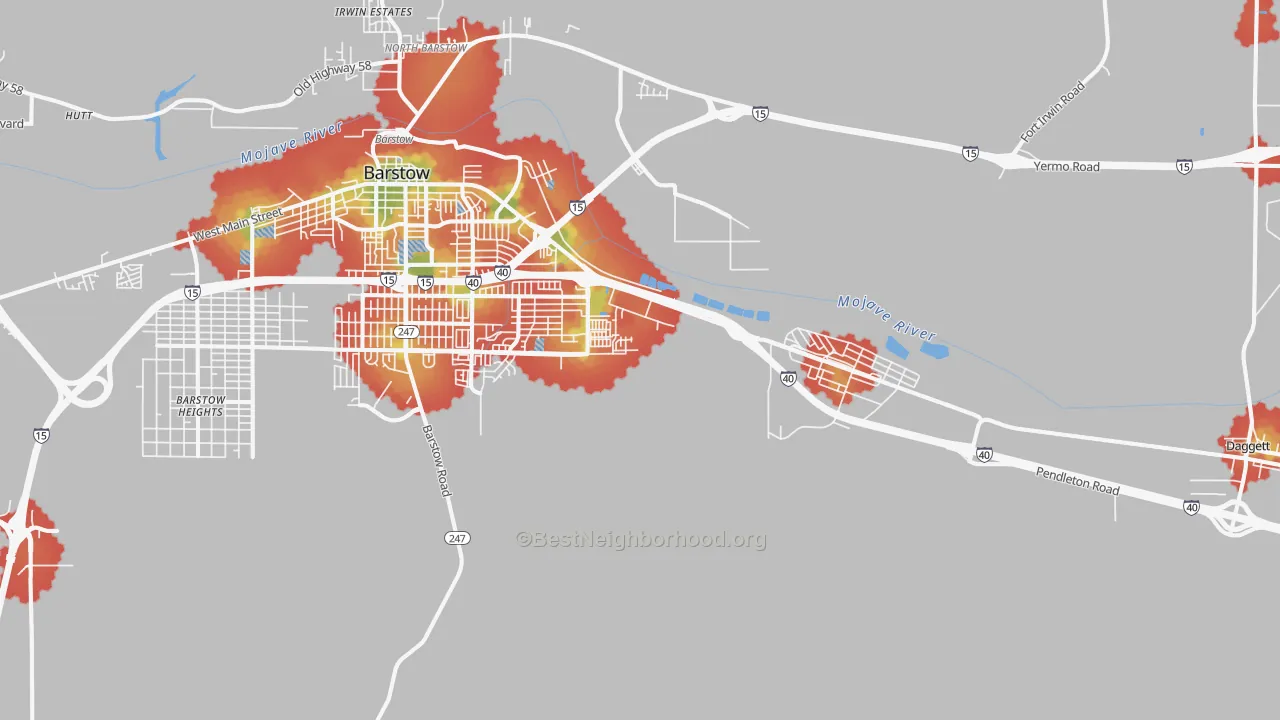 Walk Grade map of Nebo Center, CA, walkable areas in green and car-dependent areas in red