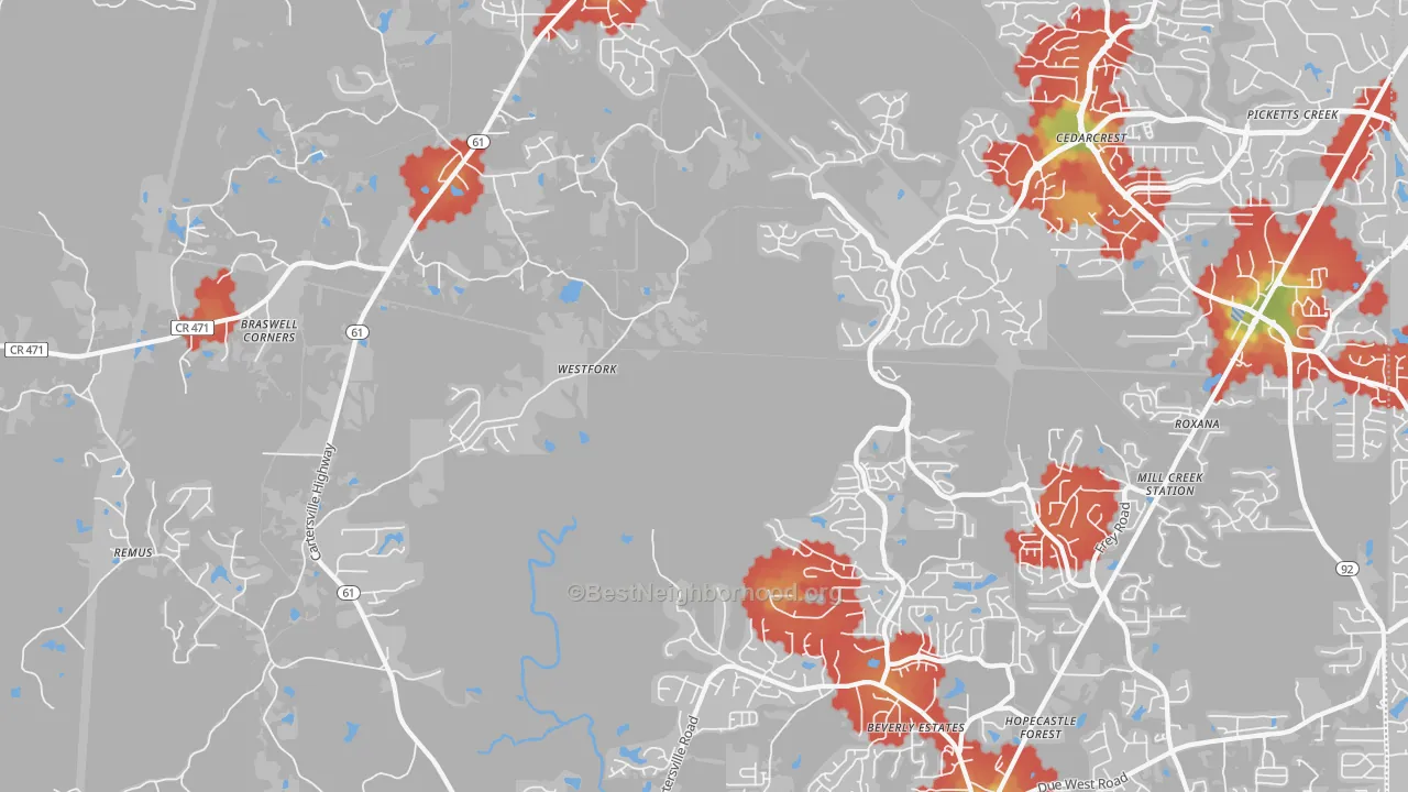 Walk Grade map of Nebo, GA, walkable areas in green and car-dependent areas in red