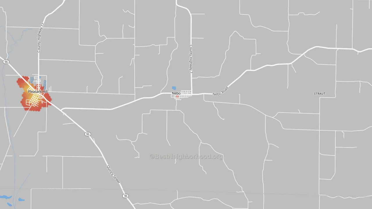 Walk Grade map of Nebo, IL, walkable areas in green and car-dependent areas in red