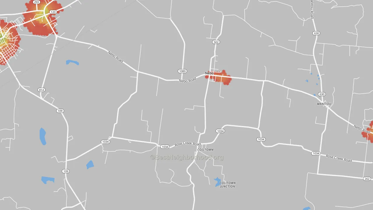 Walk Grade map of Nebo, KY, walkable areas in green and car-dependent areas in red