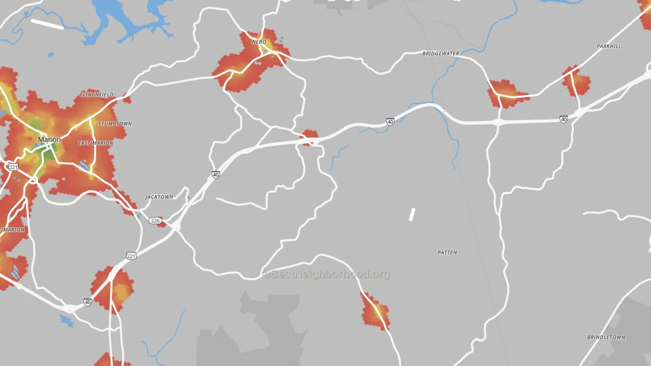 Walk Grade map of Nebo, NC, walkable areas in green and car-dependent areas in red