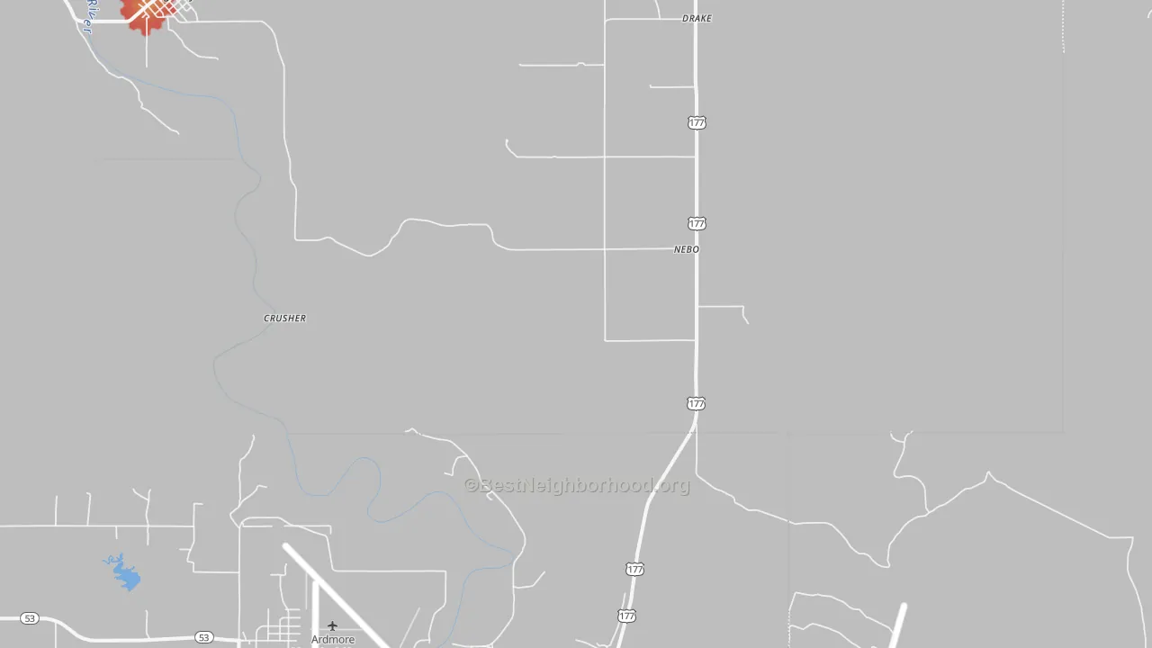 Walk Grade map of Nebo, OK, walkable areas in green and car-dependent areas in red