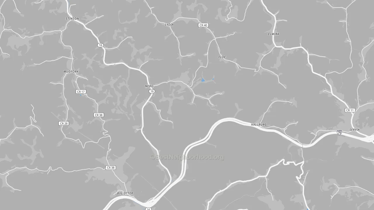 Walk Grade map of Nebo, WV, walkable areas in green and car-dependent areas in red