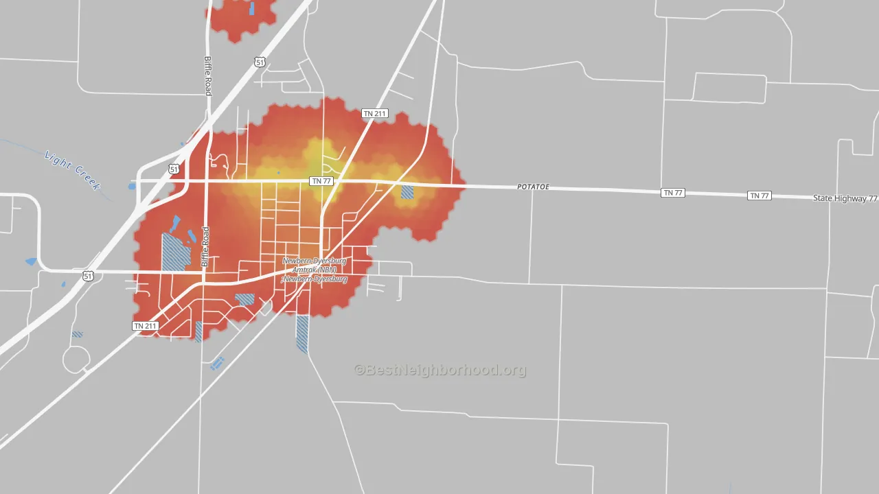 Walk Grade map of Neboville, TN, walkable areas in green and car-dependent areas in red