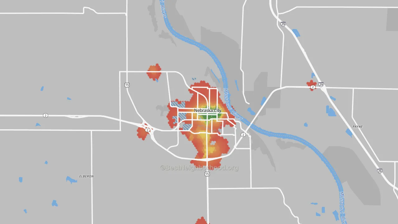 Walk Grade map of Nebraska City, NE, walkable areas in green and car-dependent areas in red