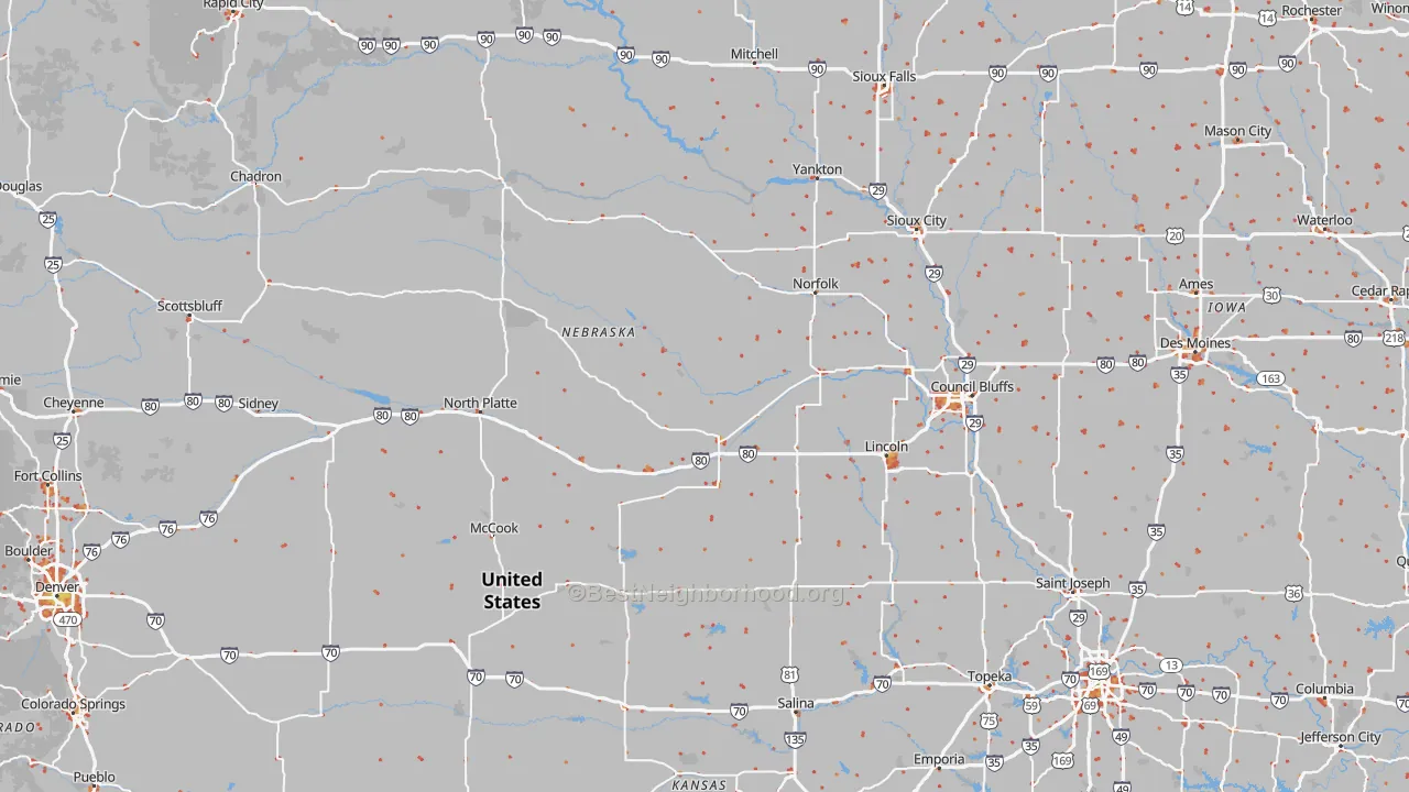 Walk Grade map of Nebraska, walkable areas in green and car-dependent areas in red