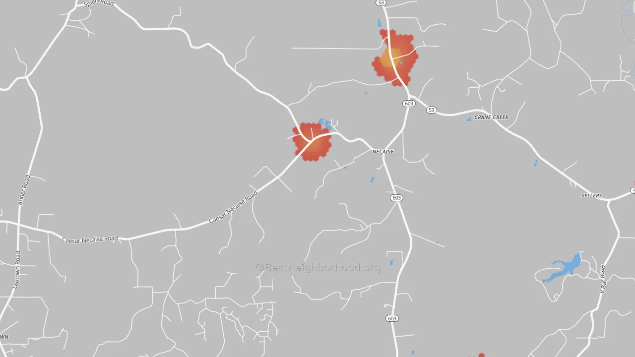 Walk Grade map of Necaise, MS, walkable areas in green and car-dependent areas in red