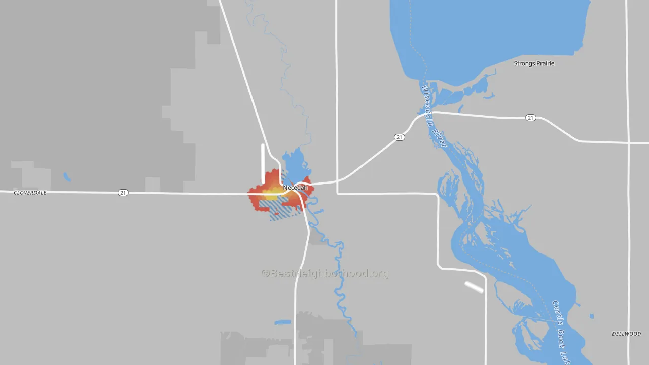 Walk Grade map of Necedah, WI, walkable areas in green and car-dependent areas in red