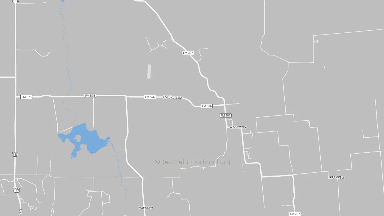 Walk Grade map of Necessity, TX, walkable areas in green and car-dependent areas in red