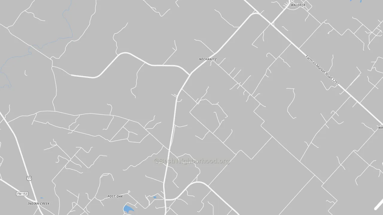 Walk Grade map of Nechanitz, TX, walkable areas in green and car-dependent areas in red