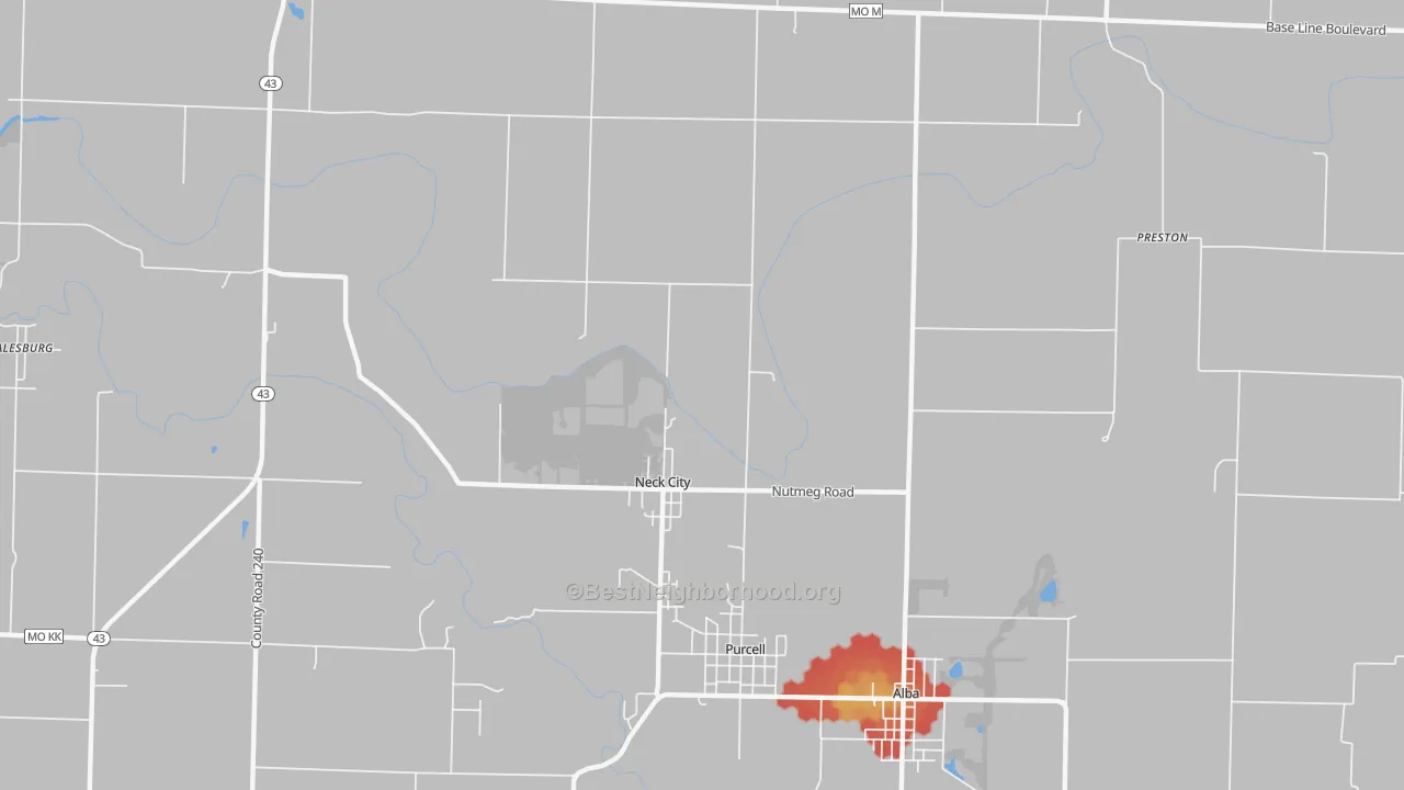 Walk Grade map of Neck City, MO, walkable areas in green and car-dependent areas in red