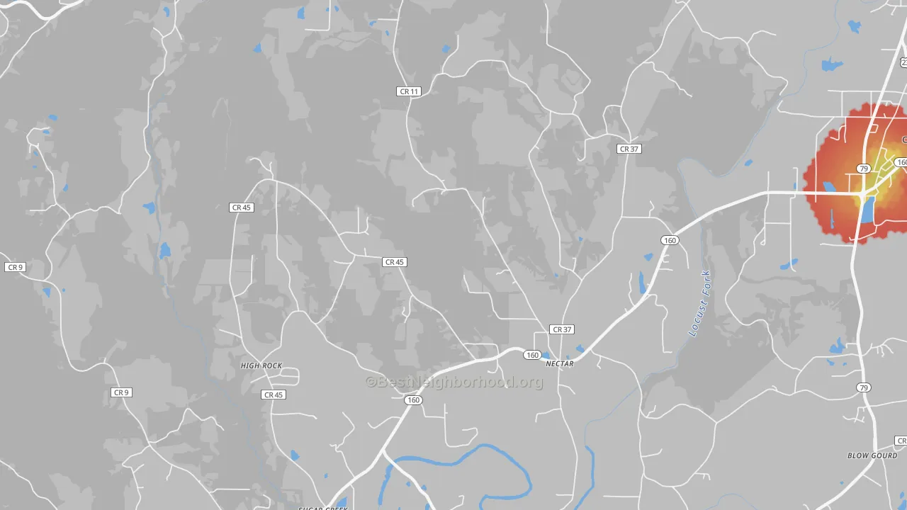 Walk Grade map of Nectar, AL, walkable areas in green and car-dependent areas in red