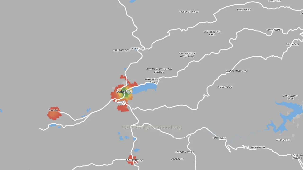 Walk Grade map of Nederland, CO, walkable areas in green and car-dependent areas in red