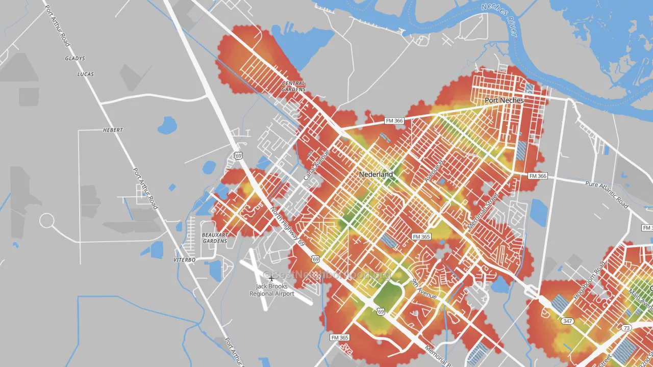 Walk Grade map of Nederland, TX, walkable areas in green and car-dependent areas in red