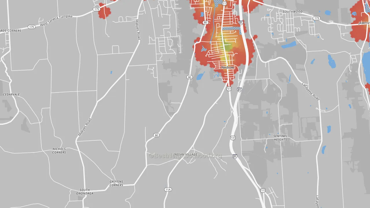 Walk Grade map of Nedrow, NY, walkable areas in green and car-dependent areas in red