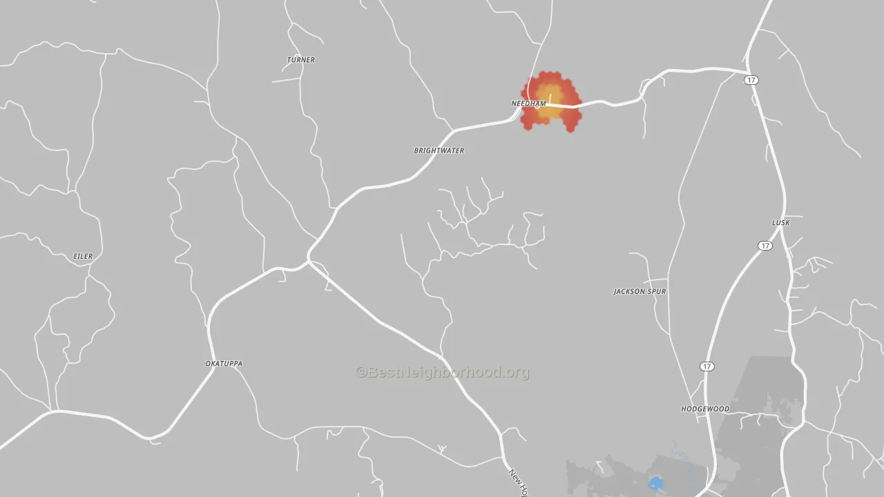 Walk Grade map of Needham, AL, walkable areas in green and car-dependent areas in red