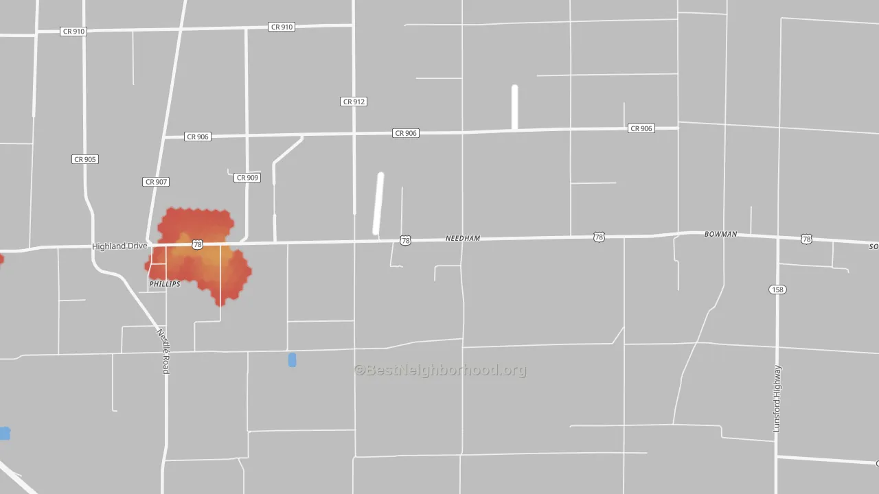 Walk Grade map of Needham, AR, walkable areas in green and car-dependent areas in red