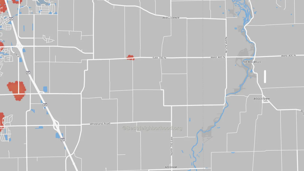 Walk Grade map of Needham, IN, walkable areas in green and car-dependent areas in red