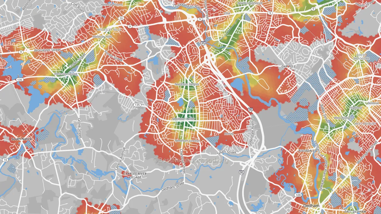 Walk Grade map of Needham, MA, walkable areas in green and car-dependent areas in red