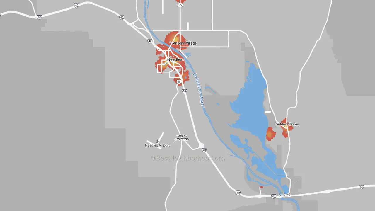 Walk Grade map of Needles, CA, walkable areas in green and car-dependent areas in red