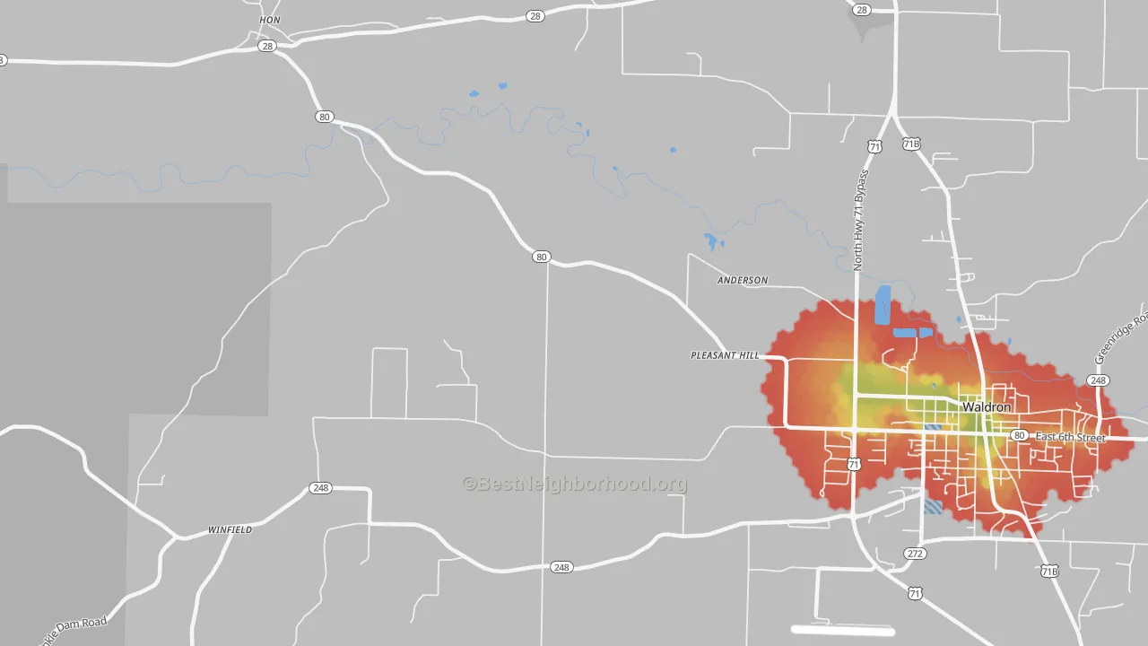 Walk Grade map of Needmore, AR, walkable areas in green and car-dependent areas in red