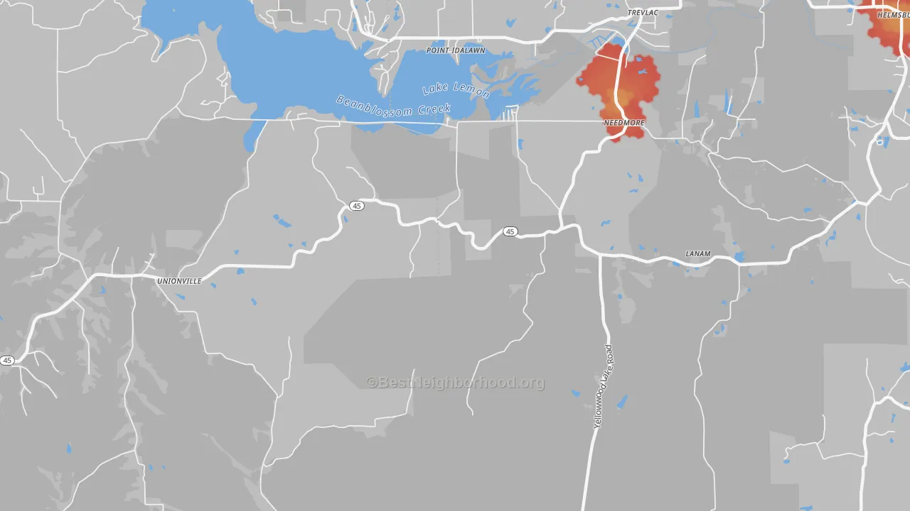 Walk Grade map of Needmore, IN, walkable areas in green and car-dependent areas in red