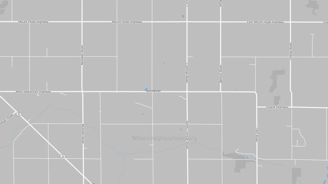 Walk Grade map of Needmore, MI, walkable areas in green and car-dependent areas in red