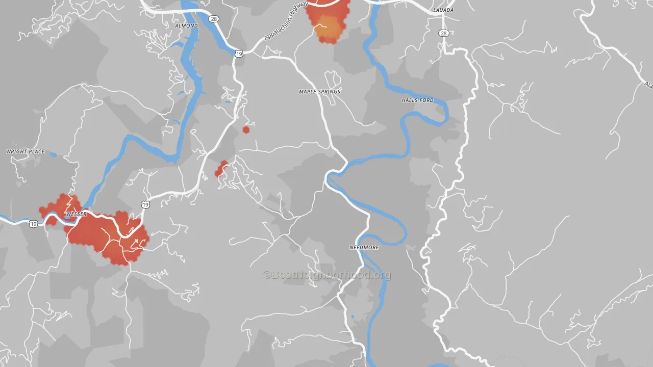 Walk Grade map of Needmore, NC, walkable areas in green and car-dependent areas in red