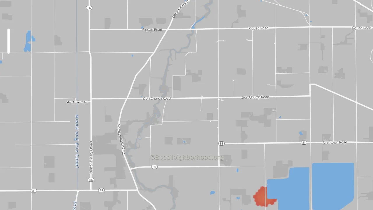 Walk Grade map of Needmore, OH, walkable areas in green and car-dependent areas in red