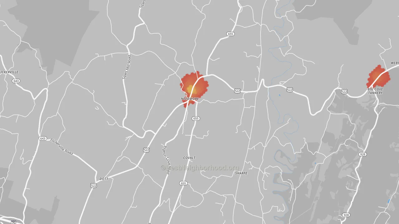 Walk Grade map of Needmore, PA, walkable areas in green and car-dependent areas in red