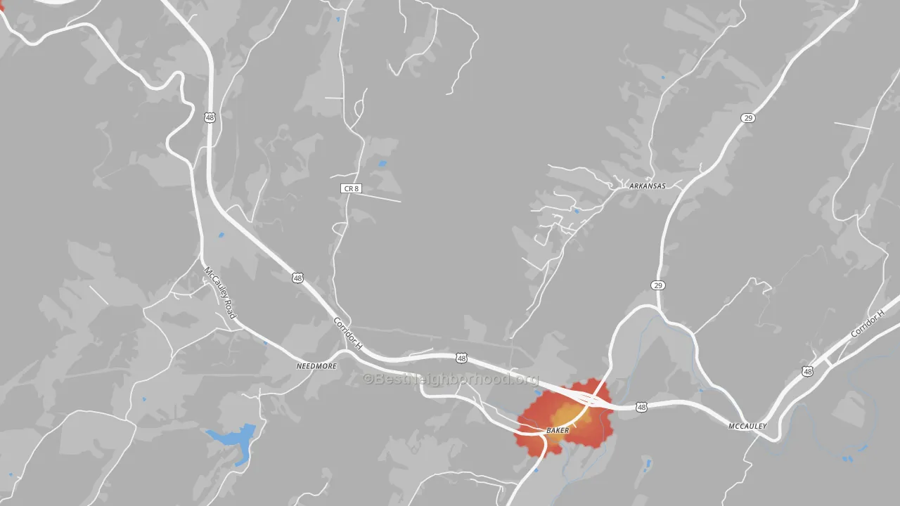 Walk Grade map of Needmore, WV, walkable areas in green and car-dependent areas in red
