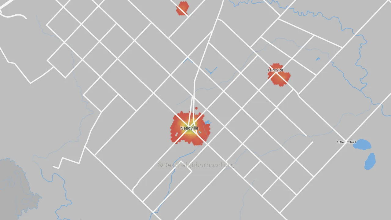 Walk Grade map of Needville, TX, walkable areas in green and car-dependent areas in red