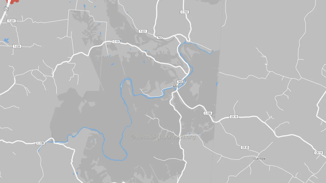 Walk Grade map of Neel, OH, walkable areas in green and car-dependent areas in red