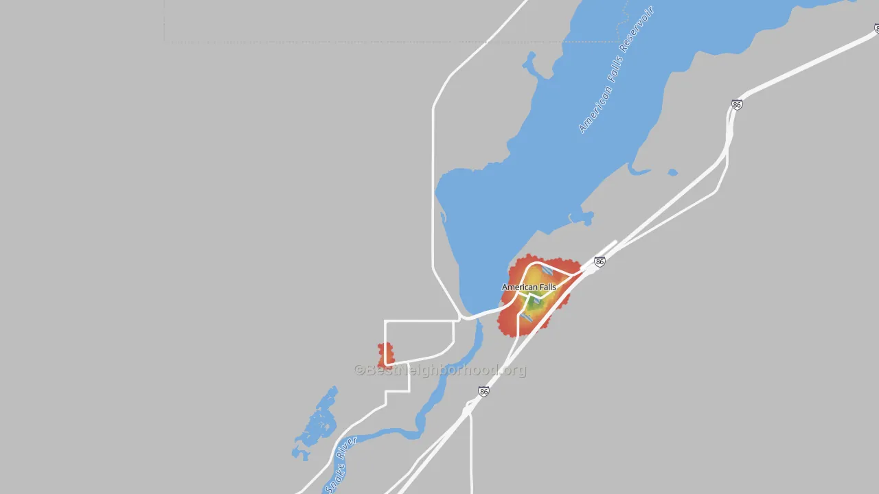 Walk Grade map of Neeley, ID, walkable areas in green and car-dependent areas in red
