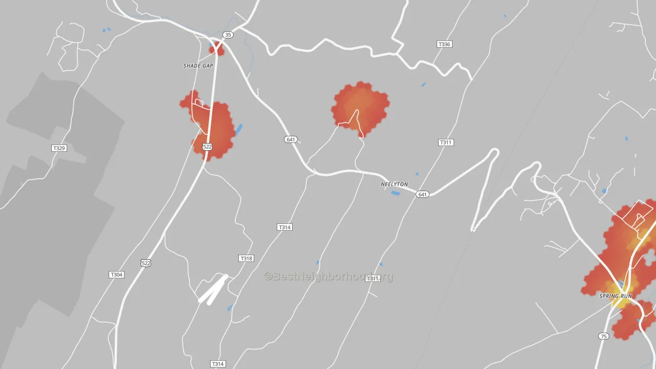 Walk Grade map of Neelyton, PA, walkable areas in green and car-dependent areas in red